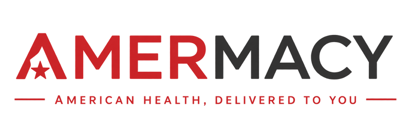 AmerMacy logo on a white background, with the brand name in red and dark gray text and the tagline 'American Health, Delivered to You' below.